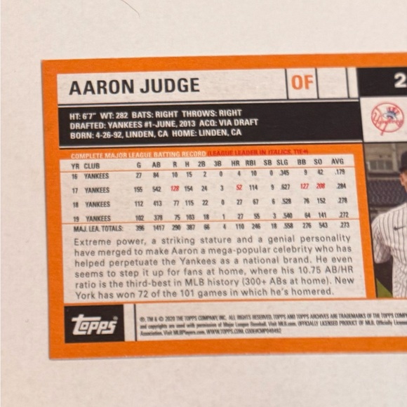 2020 Topps Aaron Judge Baseball Card # 293 - Picture 7 of 8